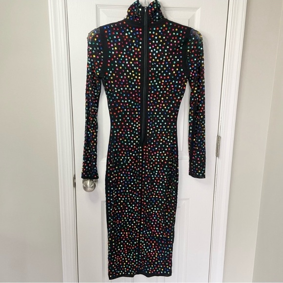 AKIRA Multicolored Rhinestone Bodycon Black Midi Dress Nylon Size Small - Picture 2 of 10